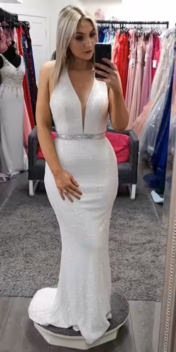 SD305A White Sequin Halter Evening Gown