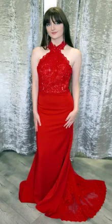 Red Halter Neck Dress With Lace Trail