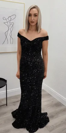Tarin Black Sequin Off The Shoulder Gown - SALE