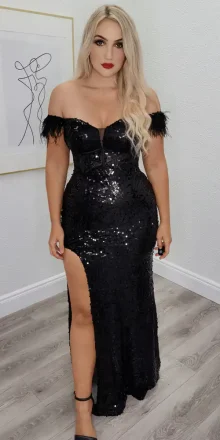 Paige Black Sequin Evening Gown With Feather Sleeve