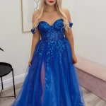 caitlin royal blue off shoulder ballgown