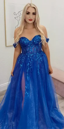 caitlin royal blue off shoulder ballgown