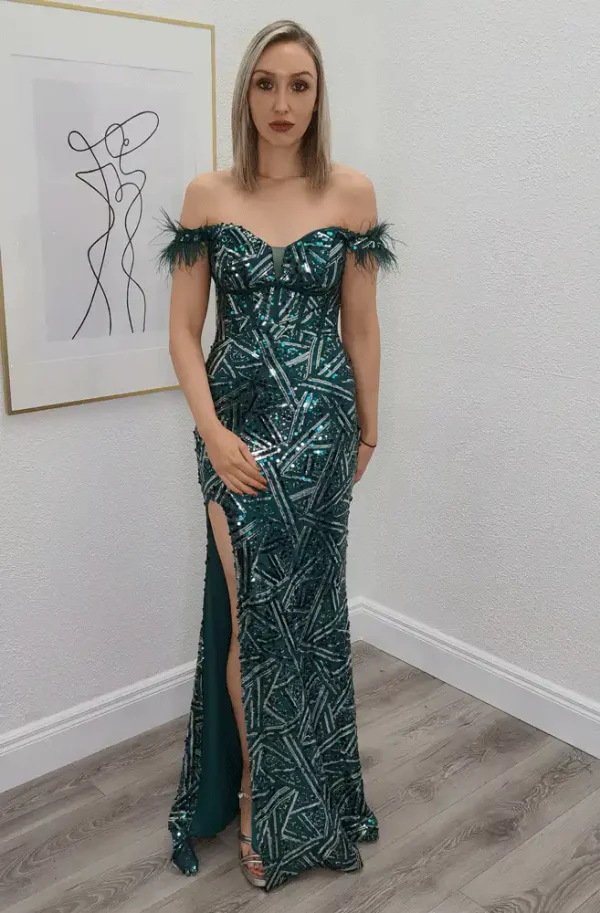 paige green sequin evening gown with feather sleeve paige green sequin evening gown with feather sleeve