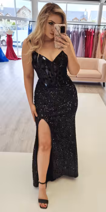 sasha black sequin evening gown