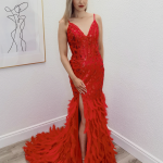 brooke red mermaid feather gown