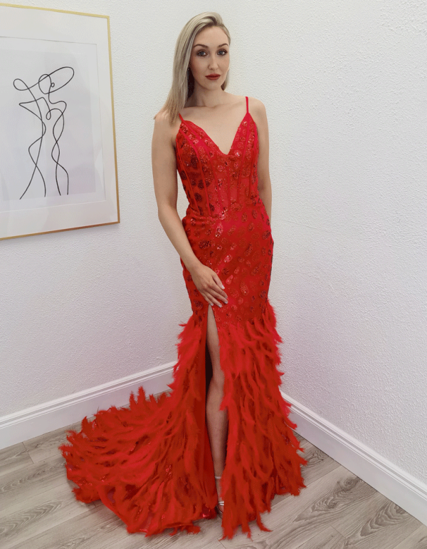brooke red mermaid feather gown