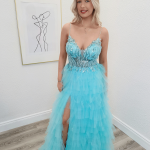 demi aqua tiered ballgown