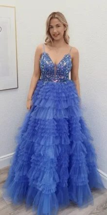 eliana blue tiered ballgown