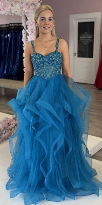 teal corset beaded ballgown 562