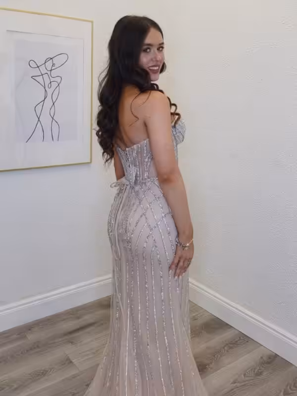 adrianna beaded fitted evening gown