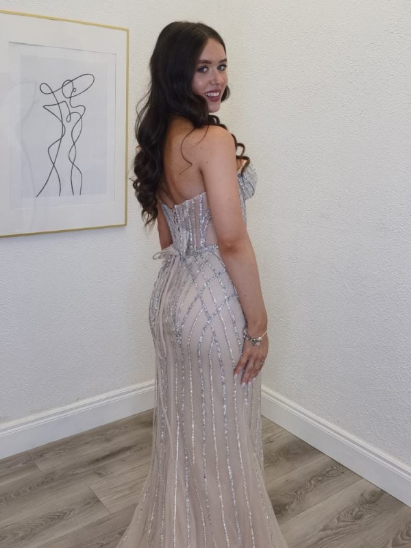 adrianna beaded fitted evening gown