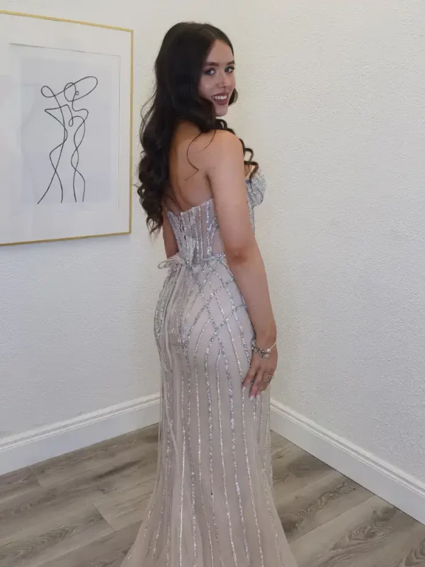 adrianna beaded fitted evening gown