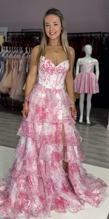 candy pink floral evening gown
