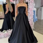 casper black satin aline gown
