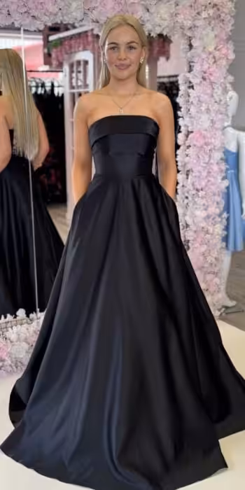 casper black satin aline gown
