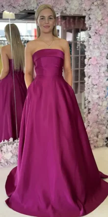 casper magenta satin aline gown