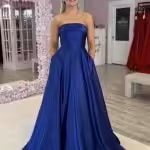 casper royal blue satin aline gown