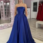 casper royal blue satin aline gown