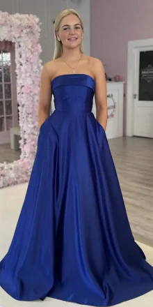 casper royal blue satin aline gown