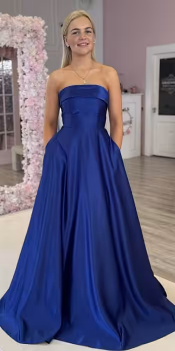 casper royal blue satin aline gown