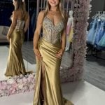 elaina gold beaded corset fitted dress