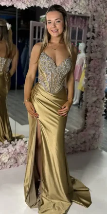 elaina gold beaded corset fitted dress