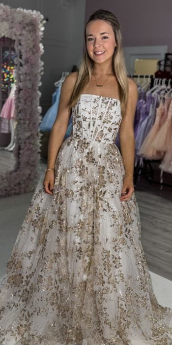 keelan white and gold evening gown