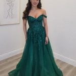 kika off shoulder green ballgown