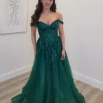kika off shoulder green ballgown