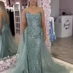 sage green sequin corset gown