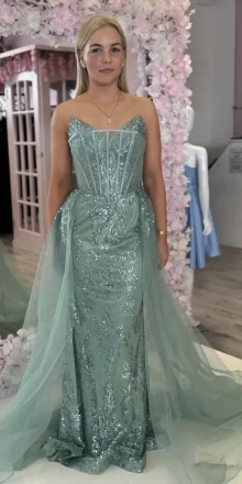 sage green sequin corset gown