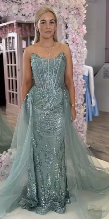 sage green sequin corset gown