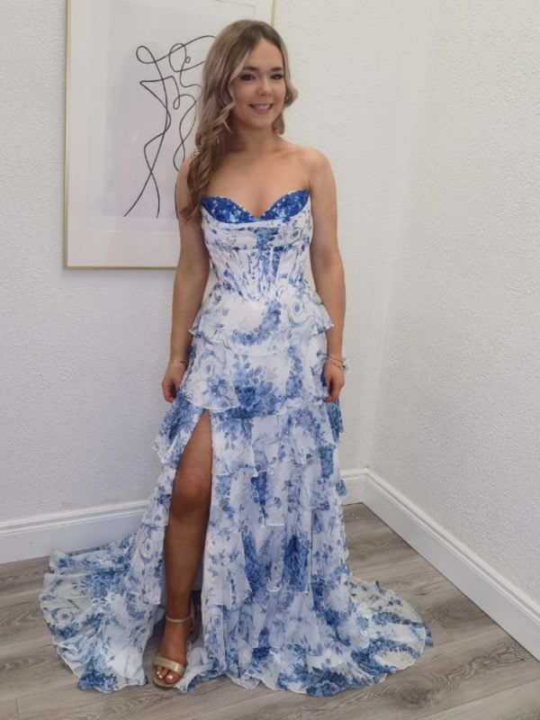 serpahina white and blue floral gown
