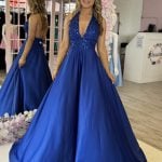 shona royal blue halter neck aline gown