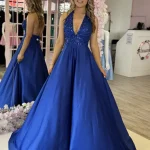 shona royal blue halter neck aline gown