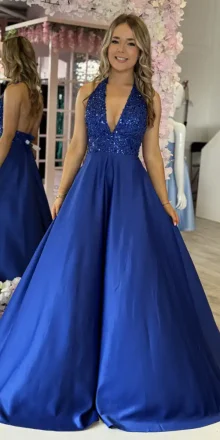 shona royal blue halter neck aline gown