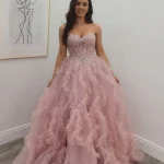 zoe blush pink beaded corset ruffle ballgown