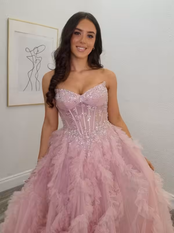 zoe blush pink beaded corset ruffle ballgown