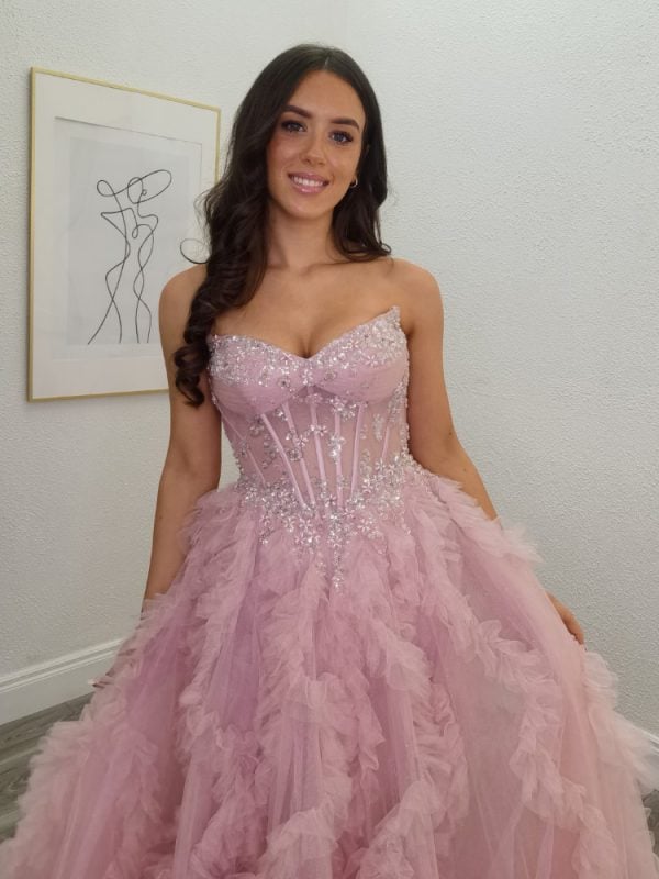 zoe blush pink beaded corset ruffle ballgown